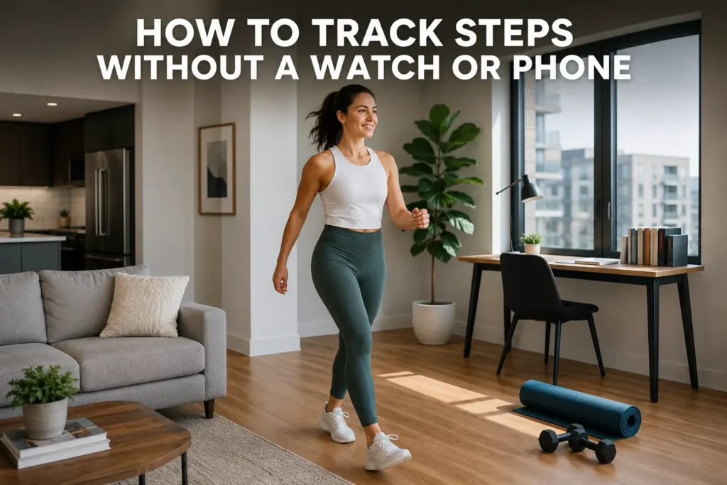 Woman walking indoors without a watch or phone in a modern home fitness space.
