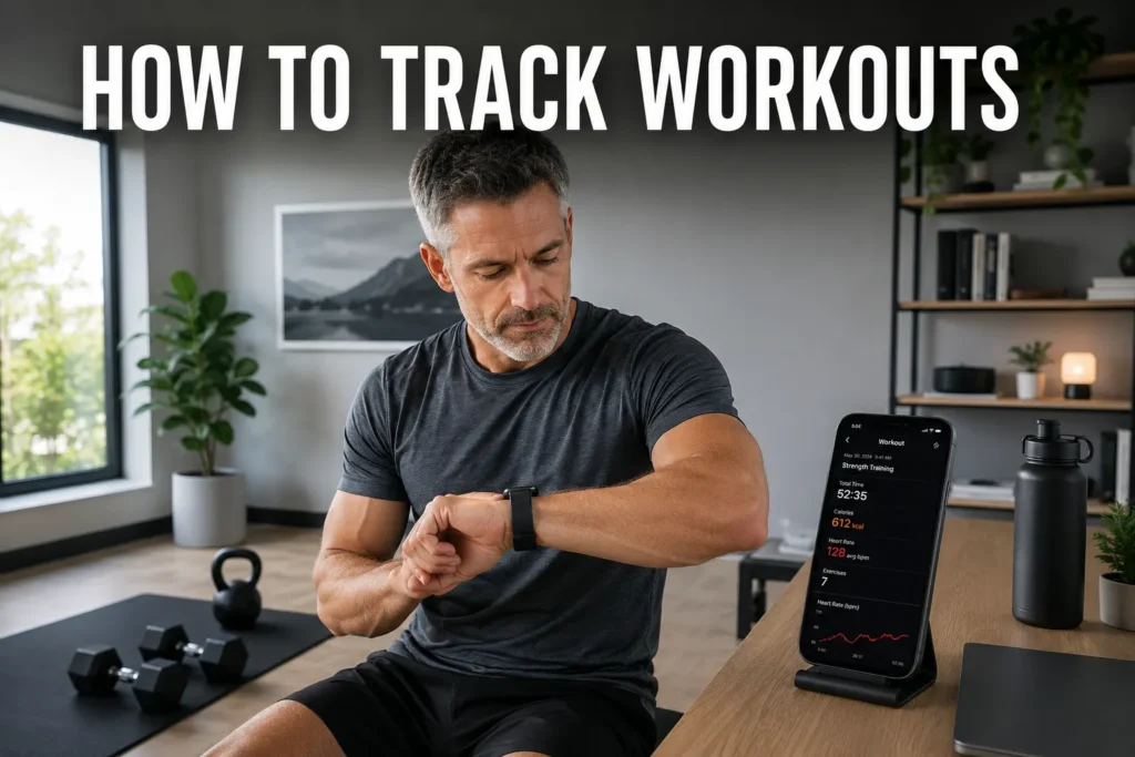 Man checking a fitness tracker while reviewing workout data on a phone in a modern home gym.