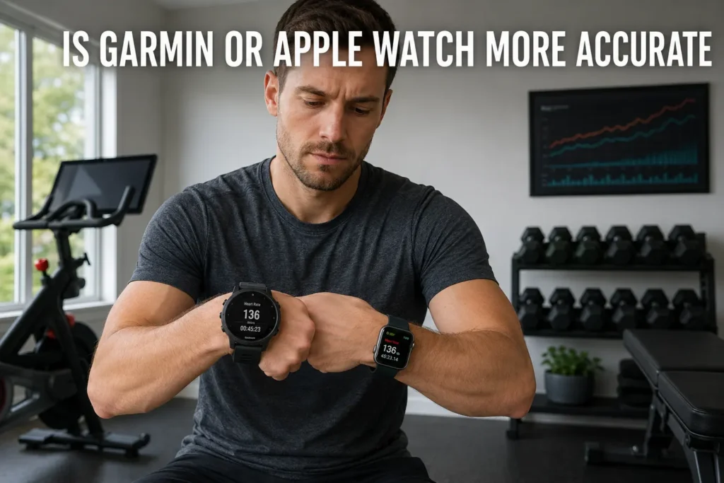 Man comparing Garmin and Apple Watch accuracy in a home gym.