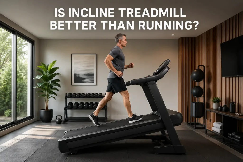 Man running on an incline treadmill in a modern home gym.
