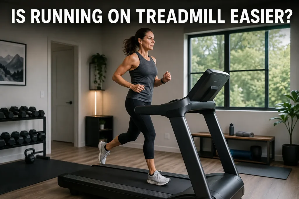 Woman running on a treadmill in a modern home gym.