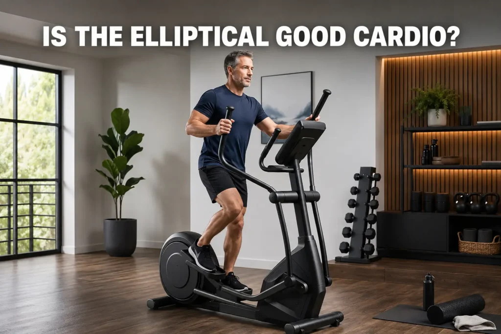 Man using an elliptical machine for cardio in a modern home gym.