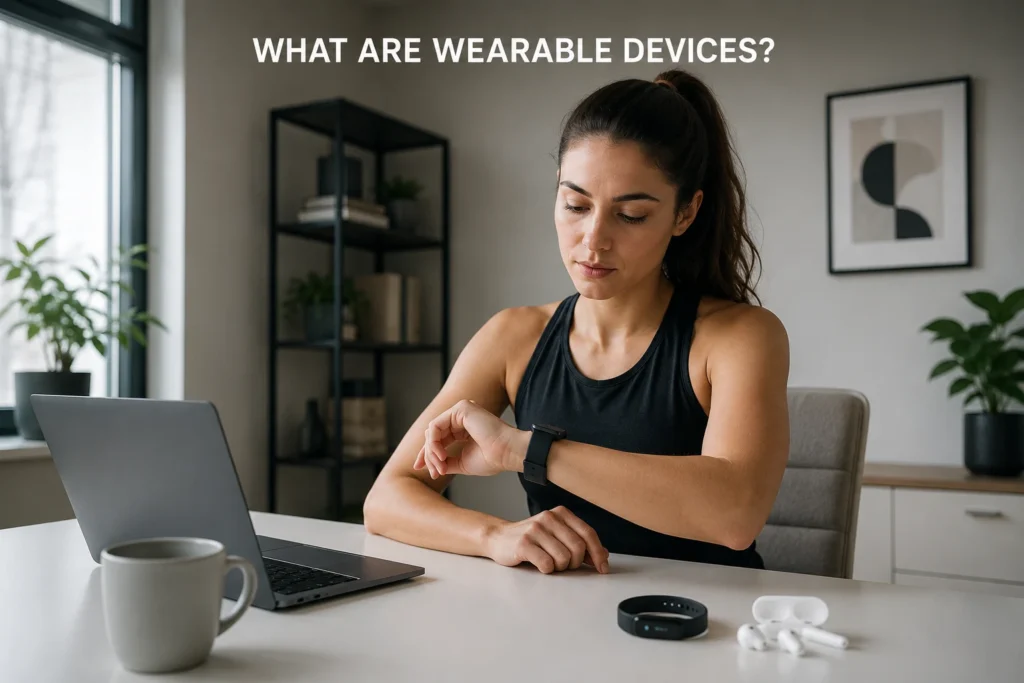 Woman checking a wearable fitness tracker while sitting at a laptop in a modern home workspace.