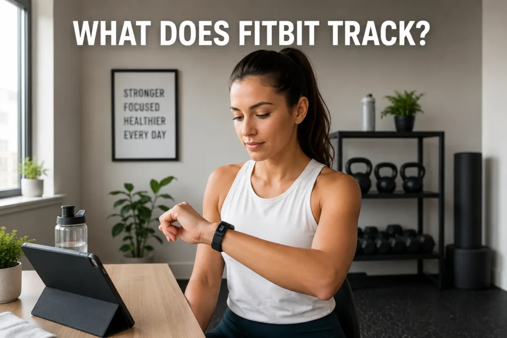 Woman checking a Fitbit fitness tracker while reviewing workout data on a tablet in a modern home gym.