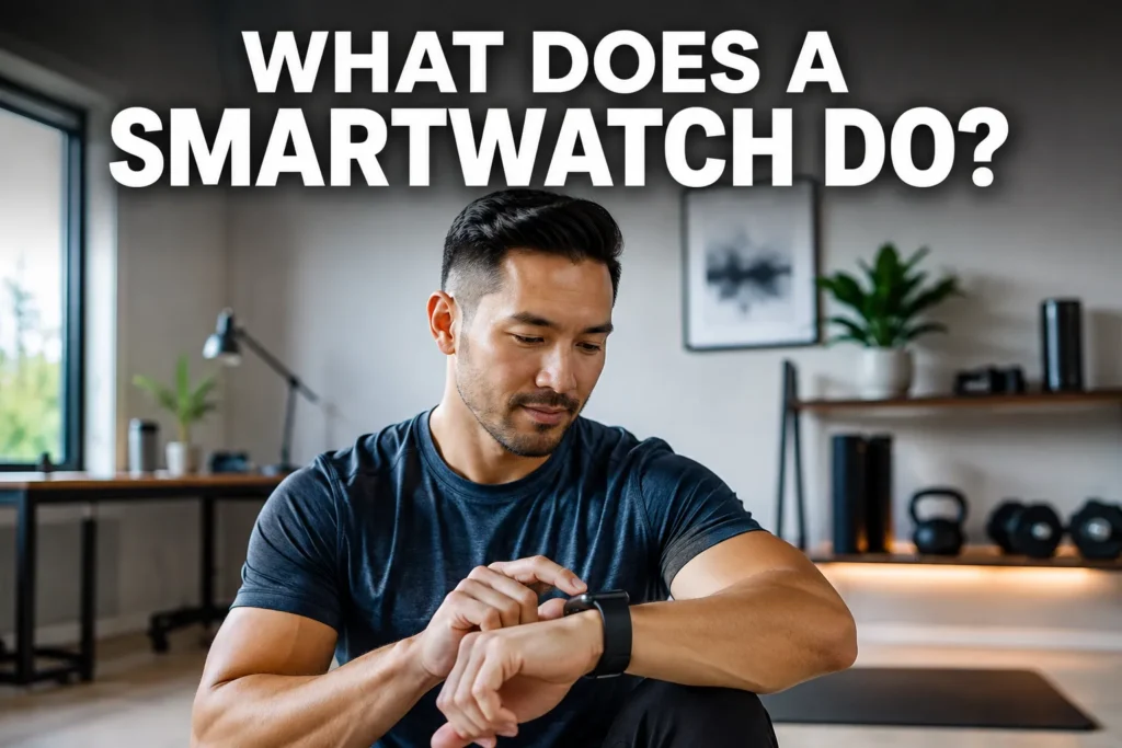 Man using a smartwatch in a home gym.