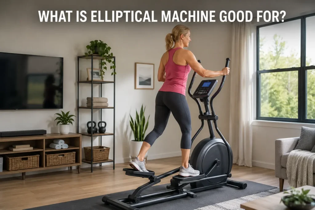 Woman using an elliptical machine in a bright modern living room.