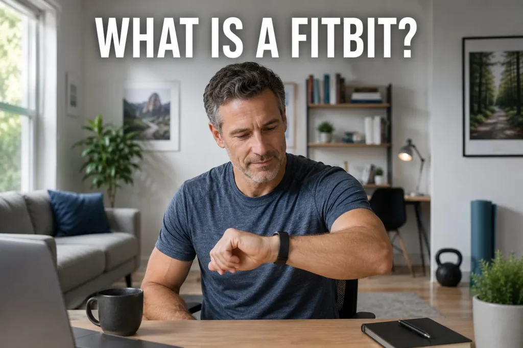 Man checking a Fitbit fitness tracker at a desk in a modern home workout space.