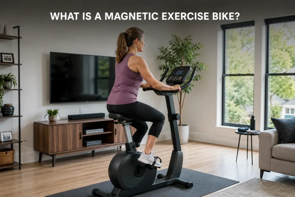Woman riding a magnetic exercise bike in a cozy living room.