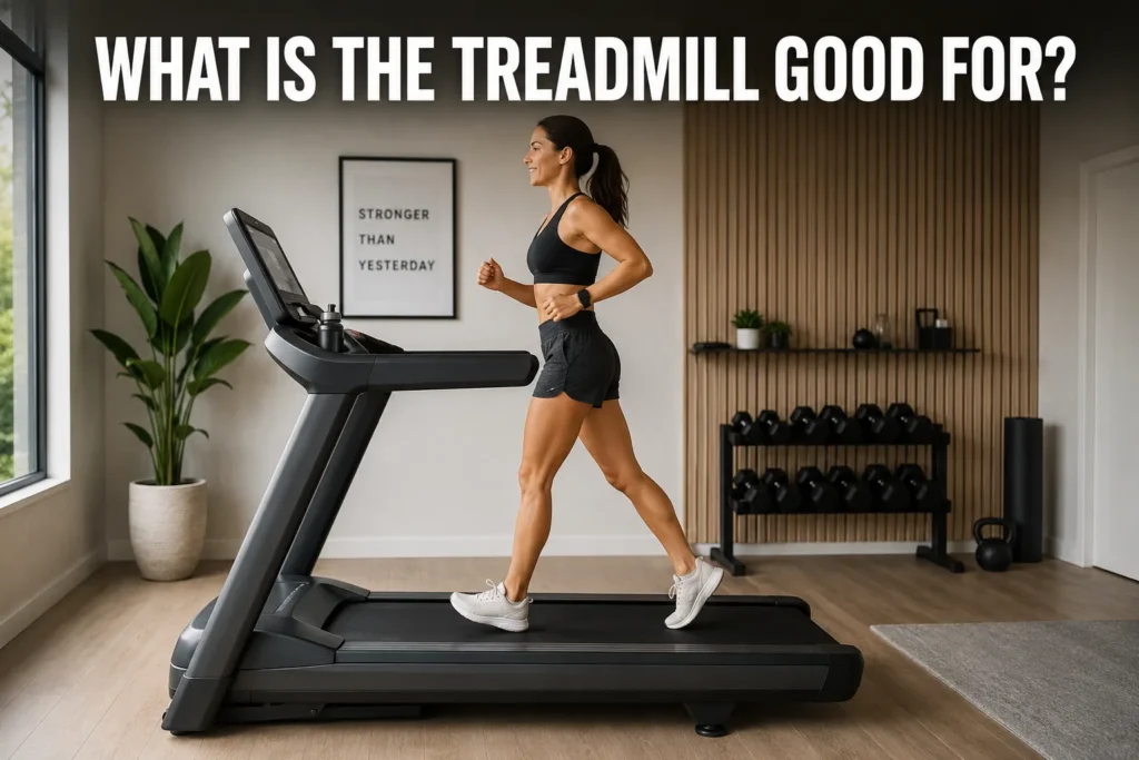 Woman jogging on a treadmill in a modern home gym.