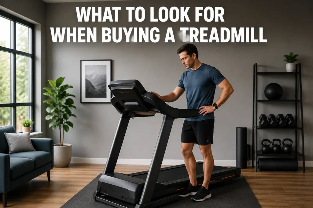 Man inspecting a treadmill in a modern home gym for a treadmill buying guide.