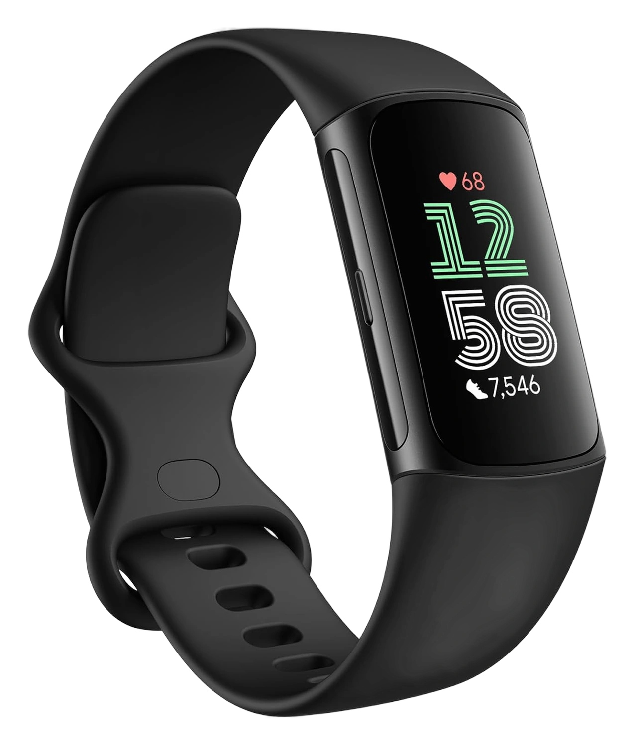 Black Fitbit Charge 6 fitness tracker showing heart rate, time, and steps on screen