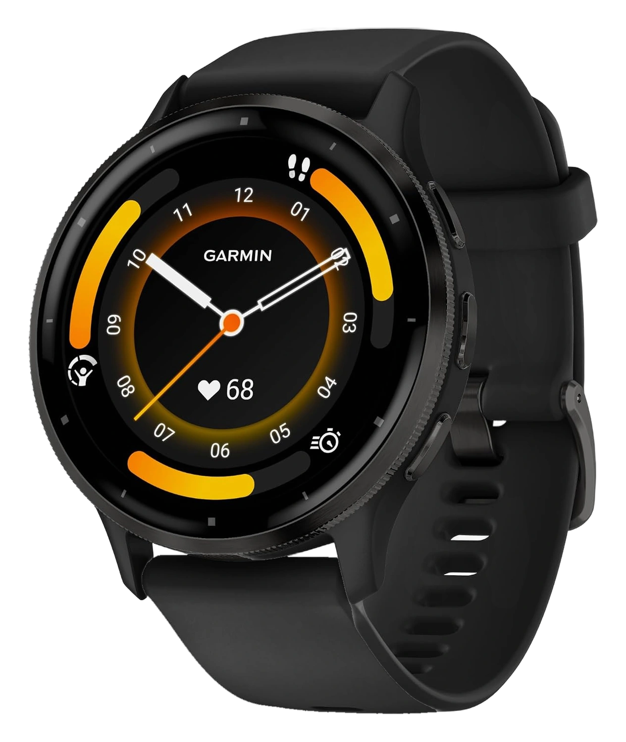Garmin Venu 3 smartwatch with black silicone band and heart rate watch face