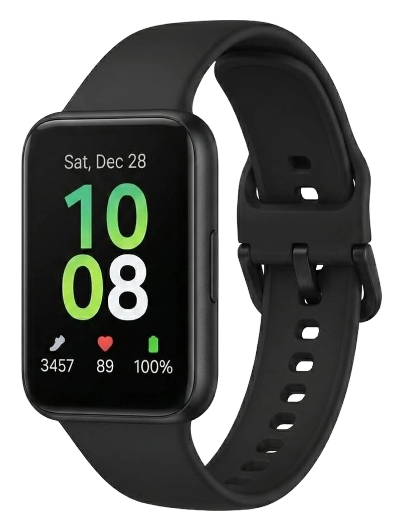 Black Samsung Galaxy Fit 3 fitness tracker with touchscreen display and silicone band