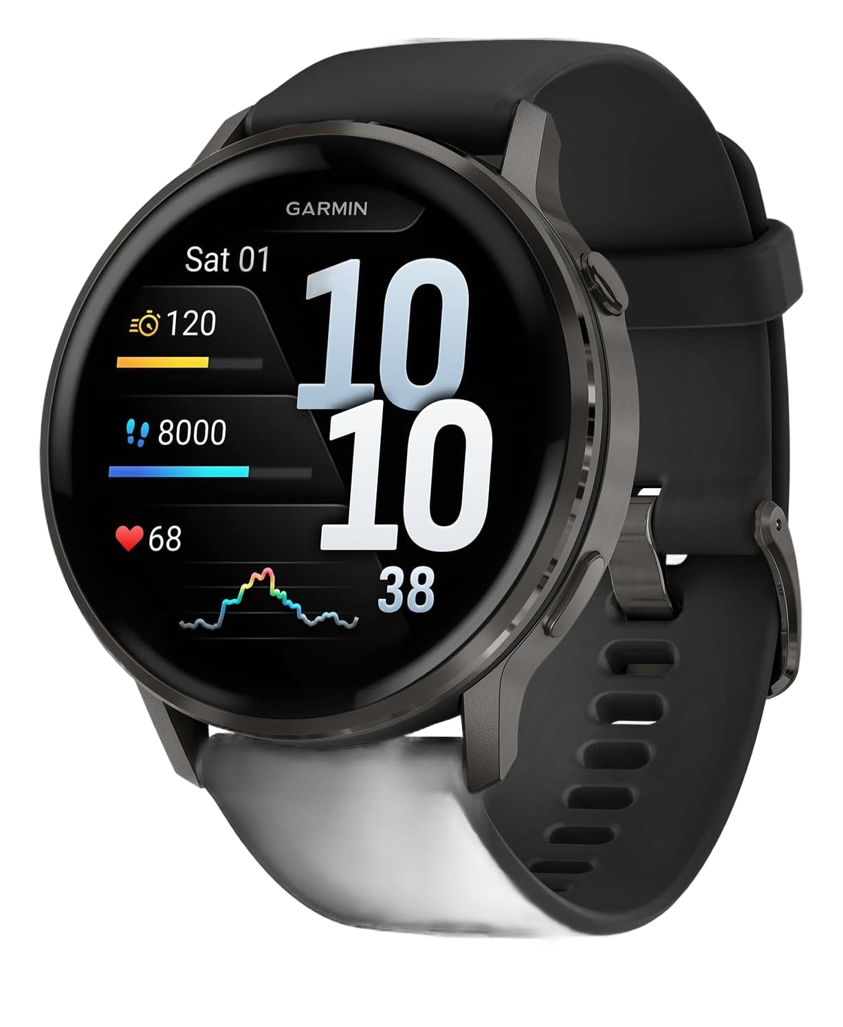Garmin Venu 4 smartwatch with black silicone band showing steps, heart rate, and time