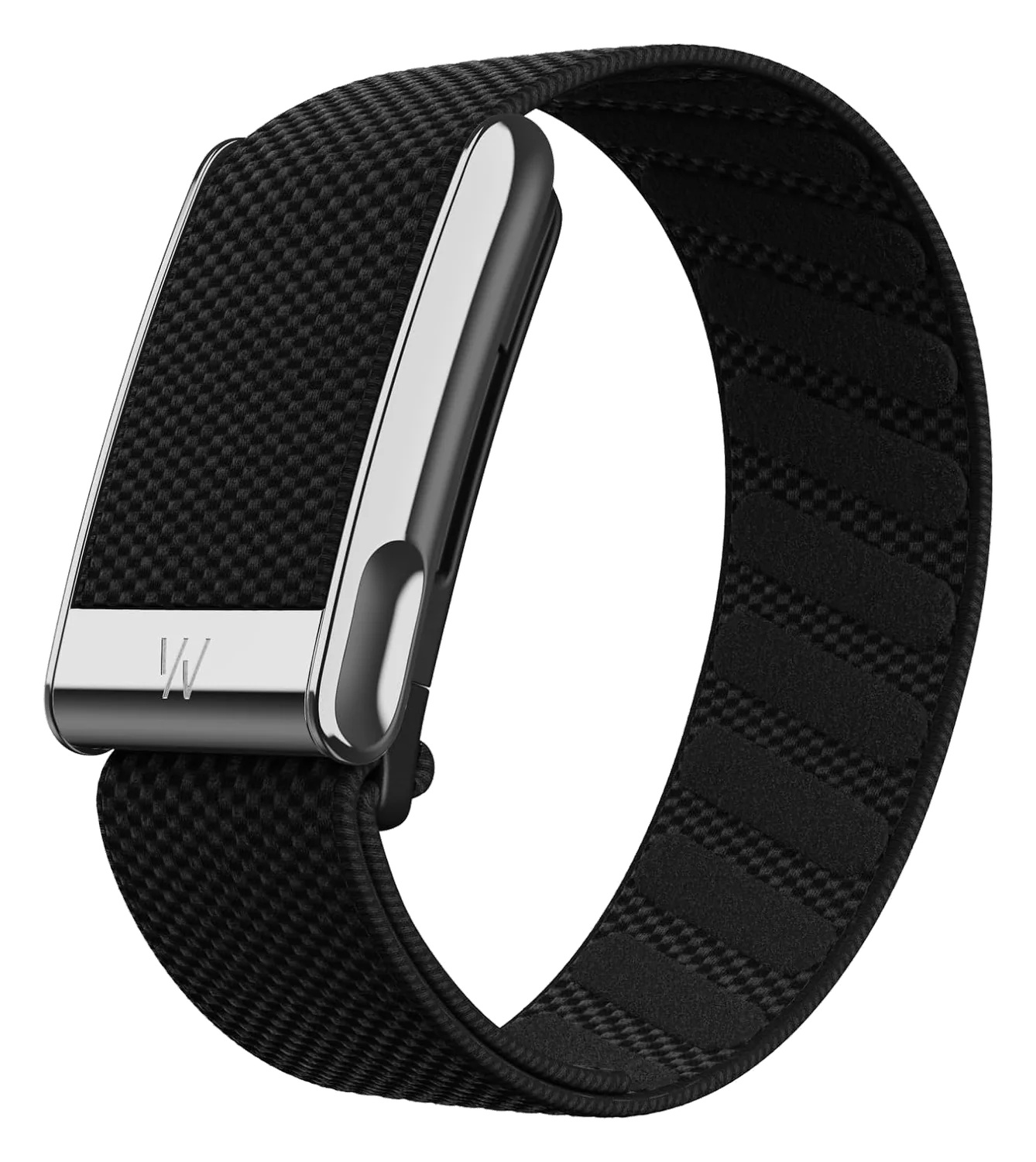 WHOOP 5.0 fitness tracker with black woven band and silver metal clasp