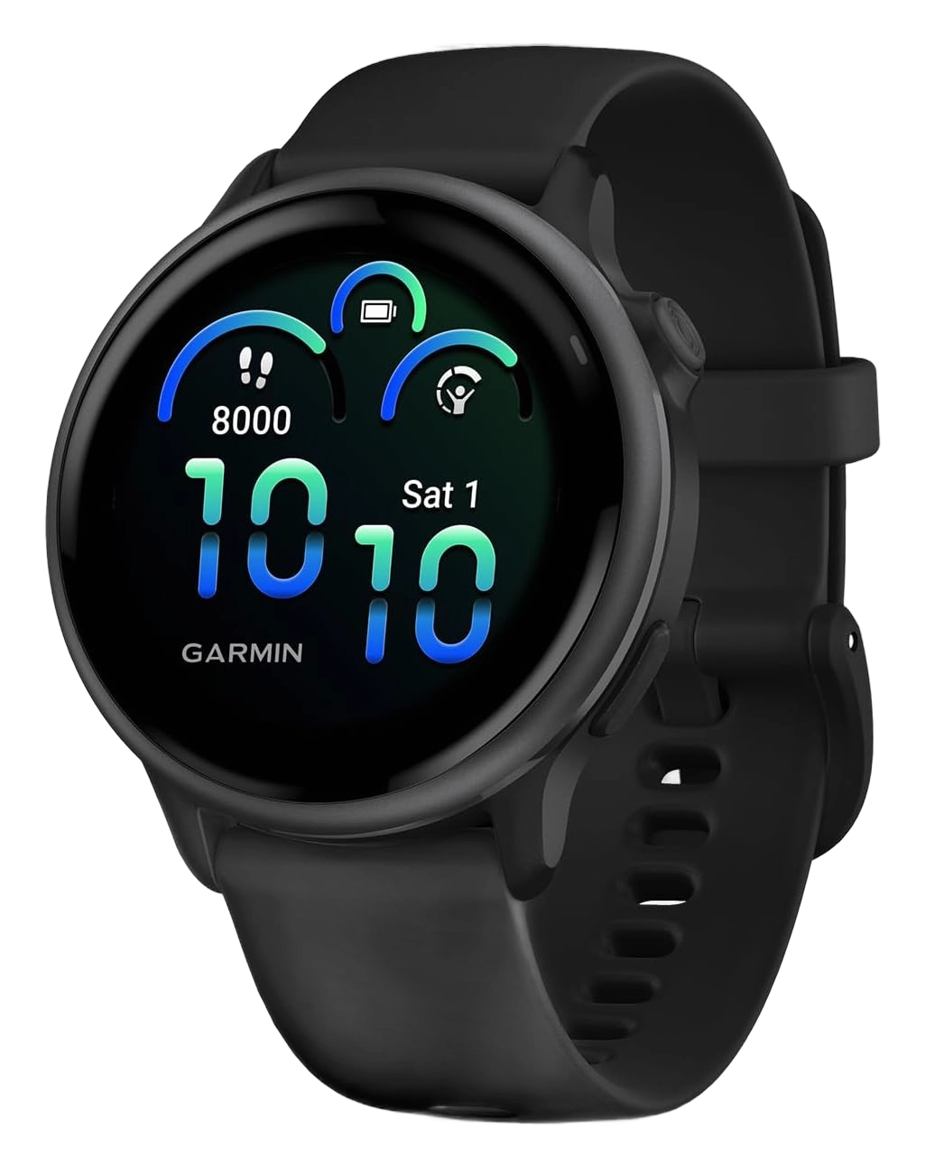 Garmin Vivoactive 6 smartwatch with black silicone band and round touchscreen display