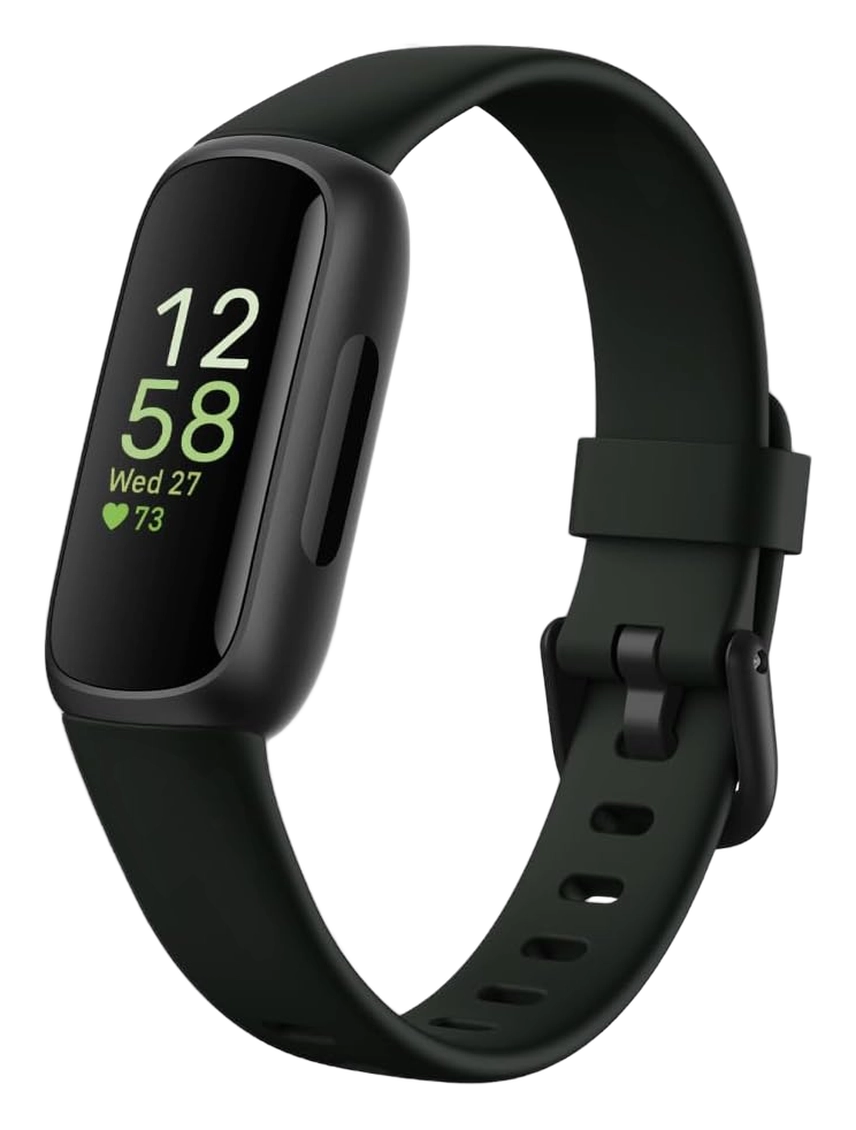 Fitbit Inspire 3 fitness tracker with black band and screen showing time and heart rate