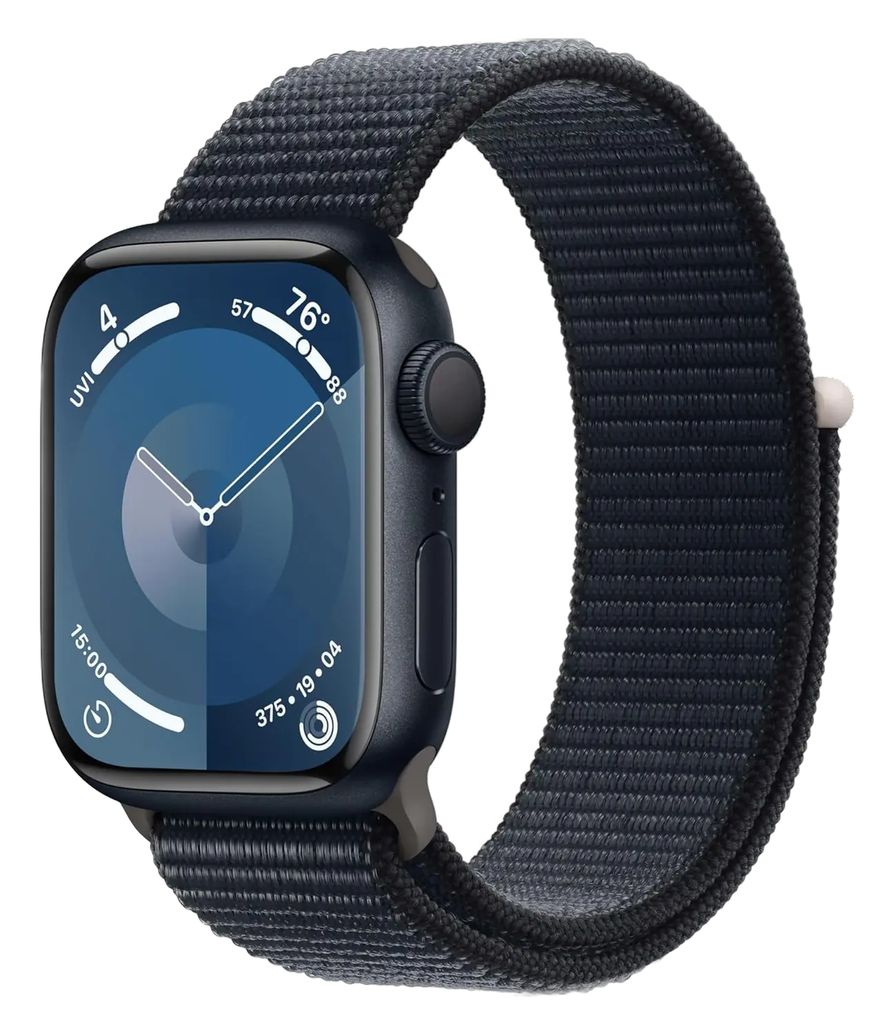 Apple Watch Series 9 in midnight aluminum with a black sport loop band and app icons on screen