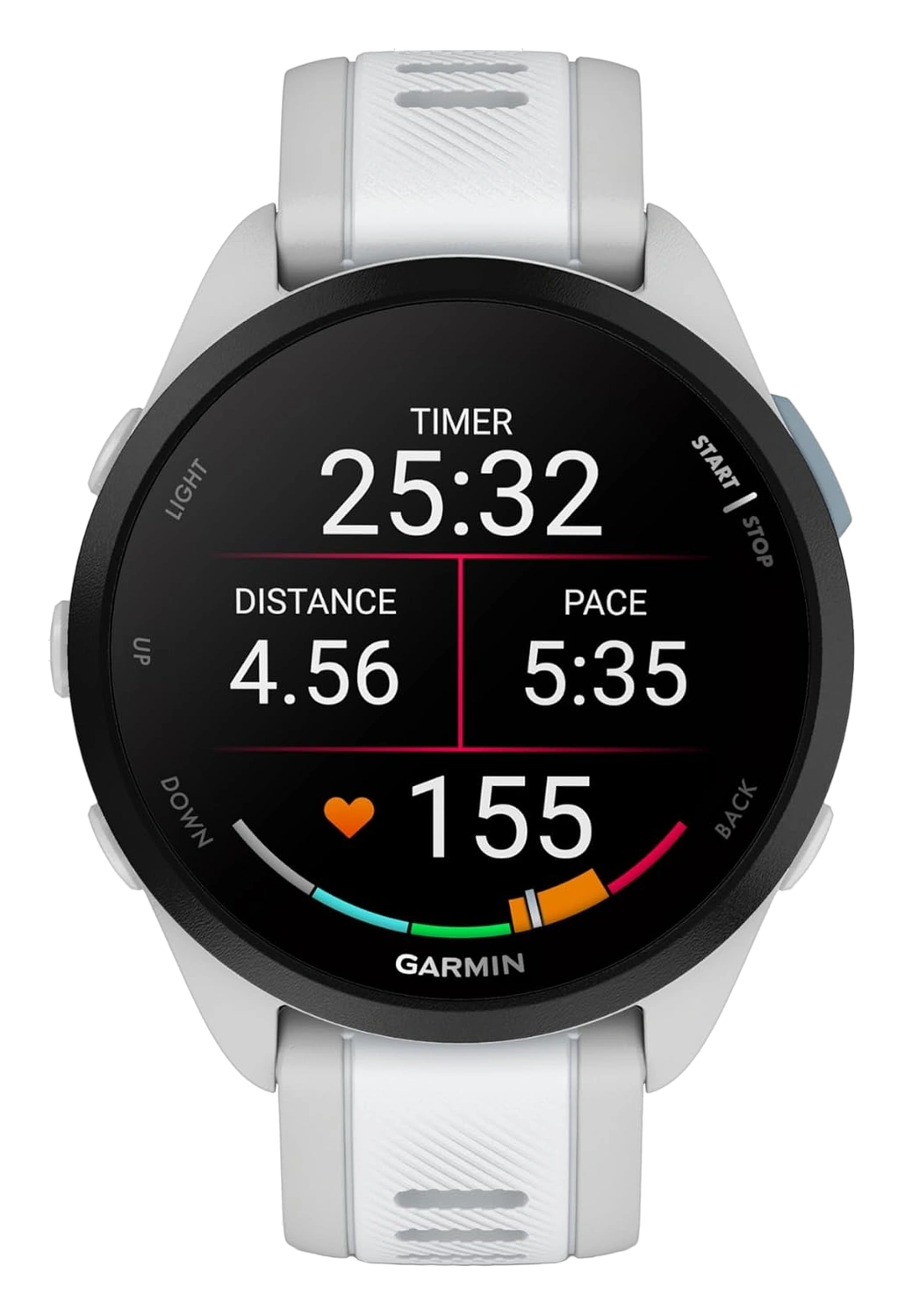 White Garmin Forerunner 165 running watch face displaying timer, distance, pace, and heart rate