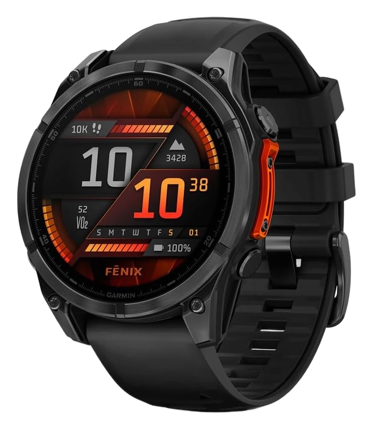 Garmin Fenix 8 smartwatch with a black case, orange side button, and black silicone band