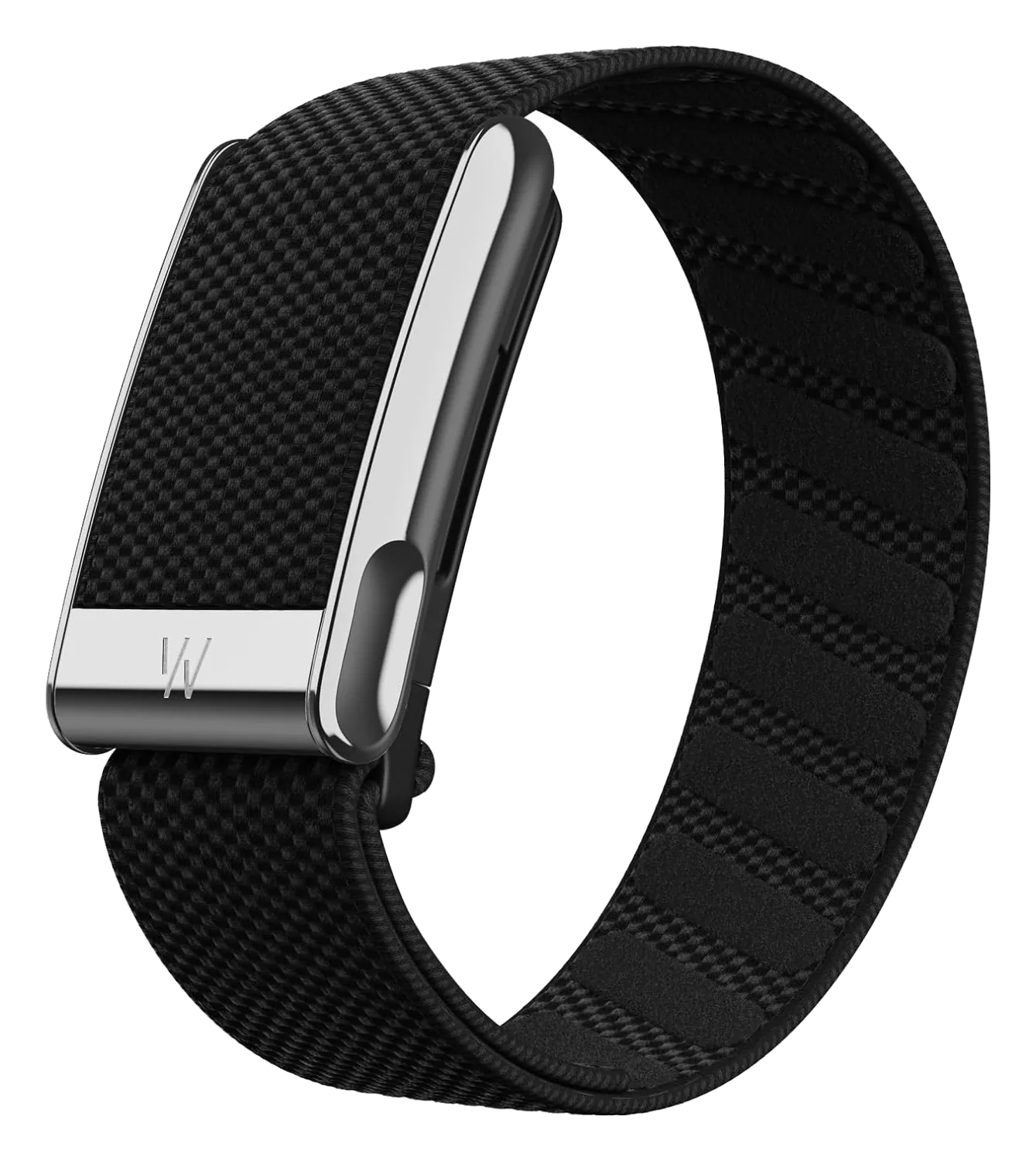 WHOOP 5.0 fitness tracker band with woven black strap and silver clasp