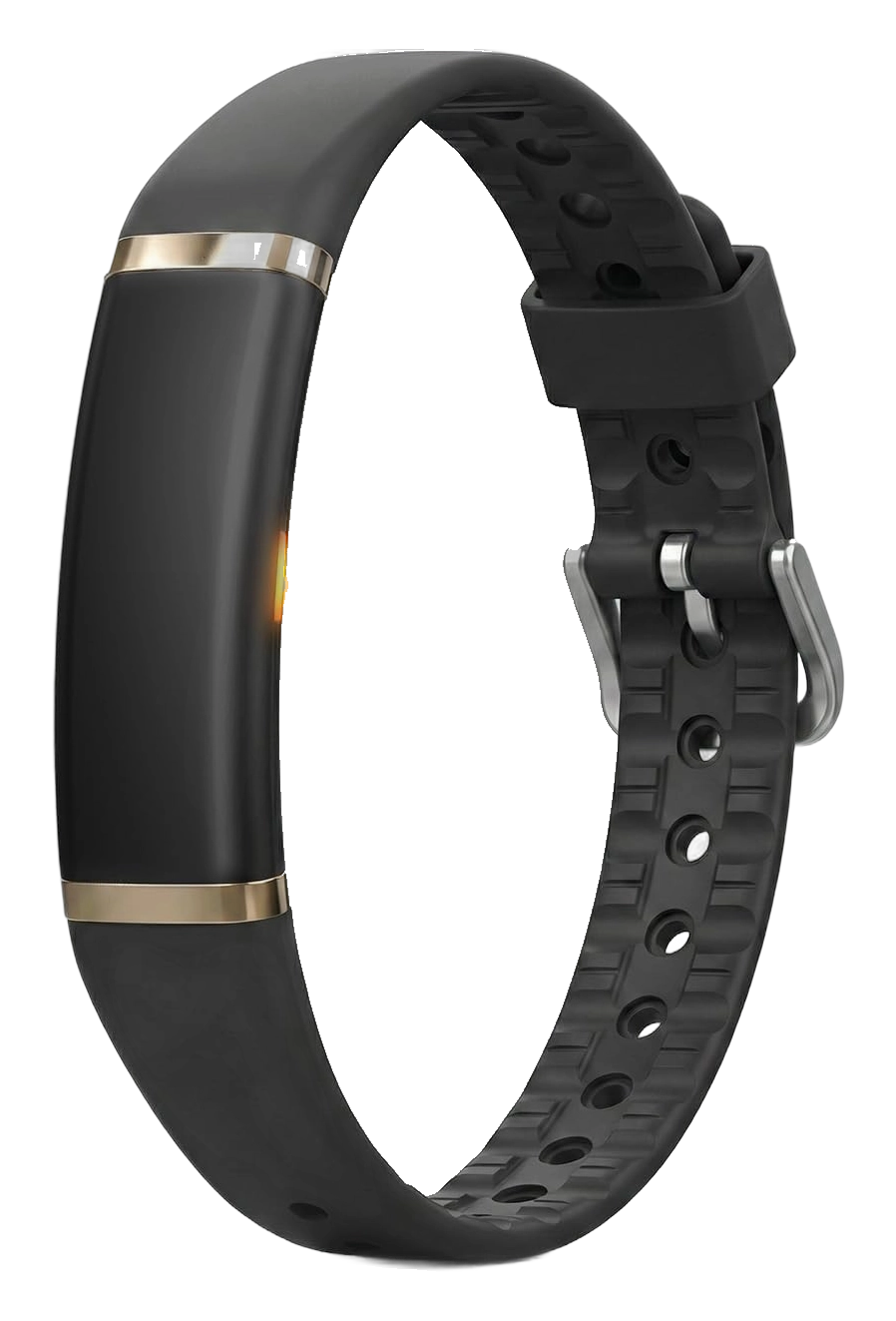 FITVII fitness tracker with black silicone band and gold accent buckle