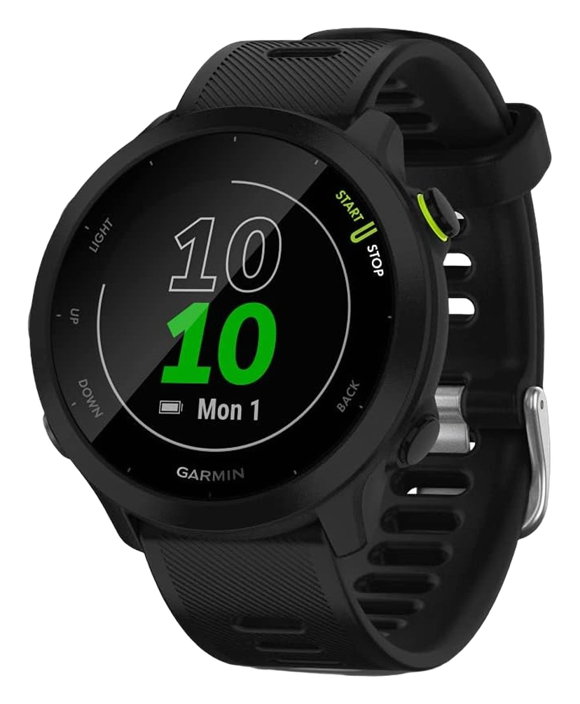 Garmin Forerunner 55 GPS running watch with black silicone band and green start button