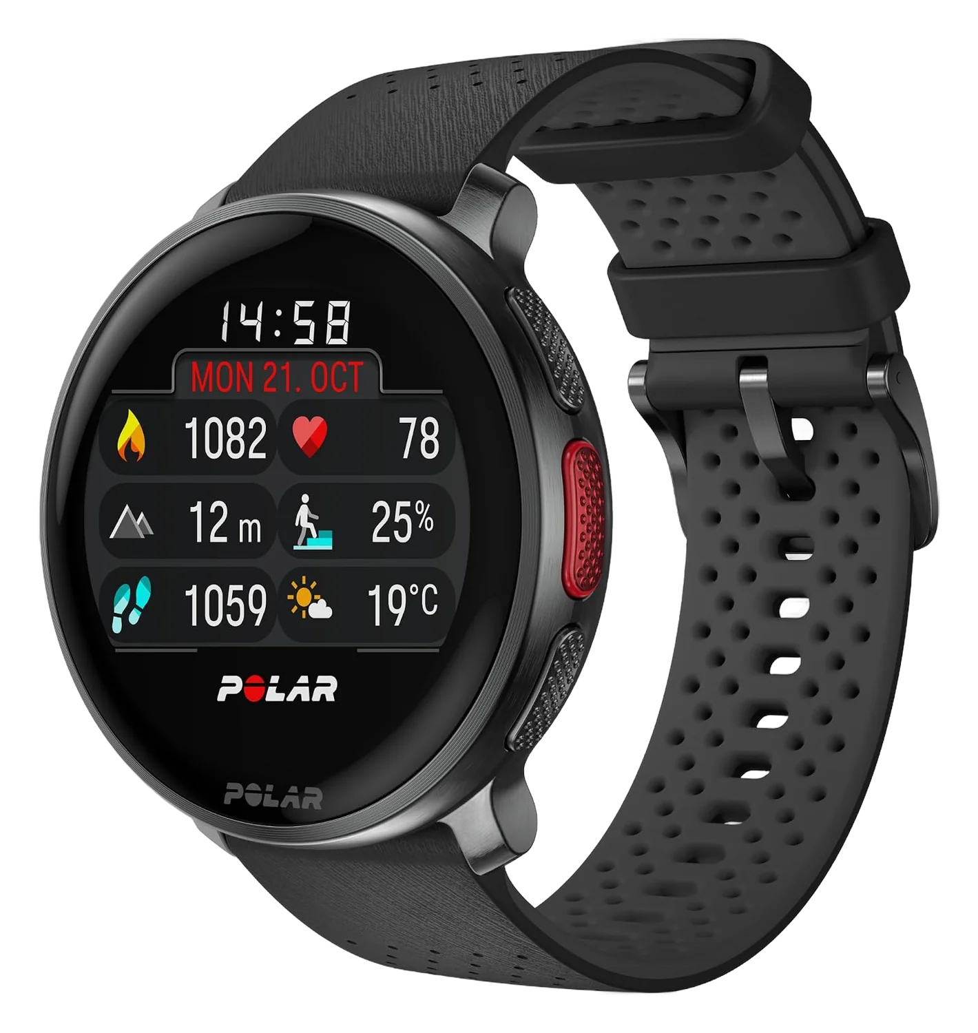Black Polar Vantage V3 GPS smartwatch with round touchscreen and silicone strap