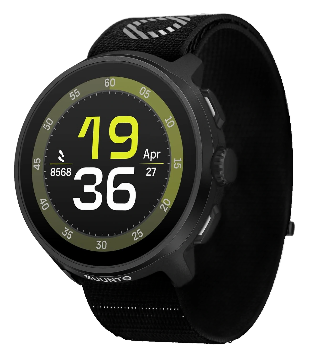 SUUNTO Run black smartwatch with woven nylon strap and yellow accent dial