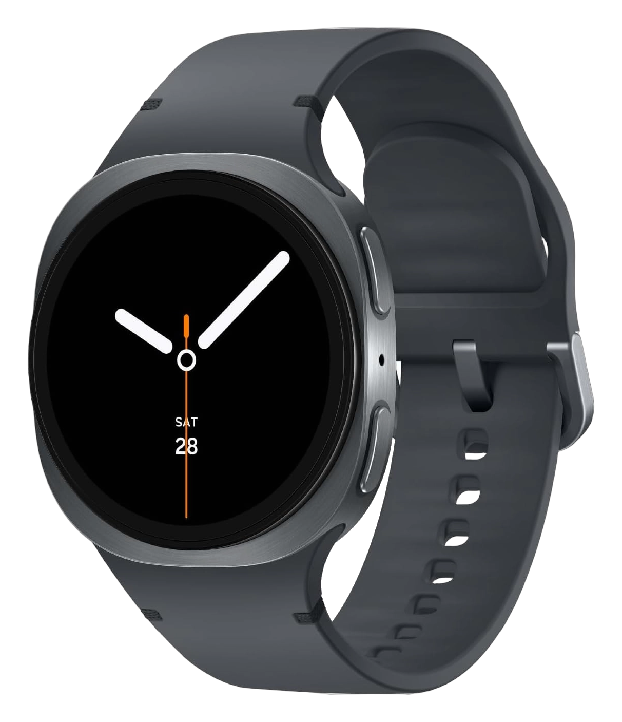 Samsung Galaxy Watch 8 in gray with a round face, silicone band, and analog clock display