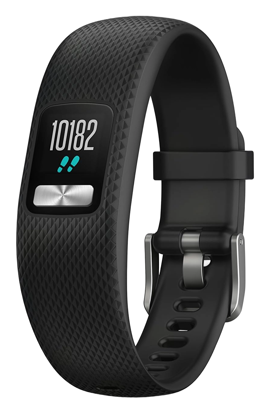 Black Garmin Vivofit 4 activity tracker band with digital step count display and buckle clasp