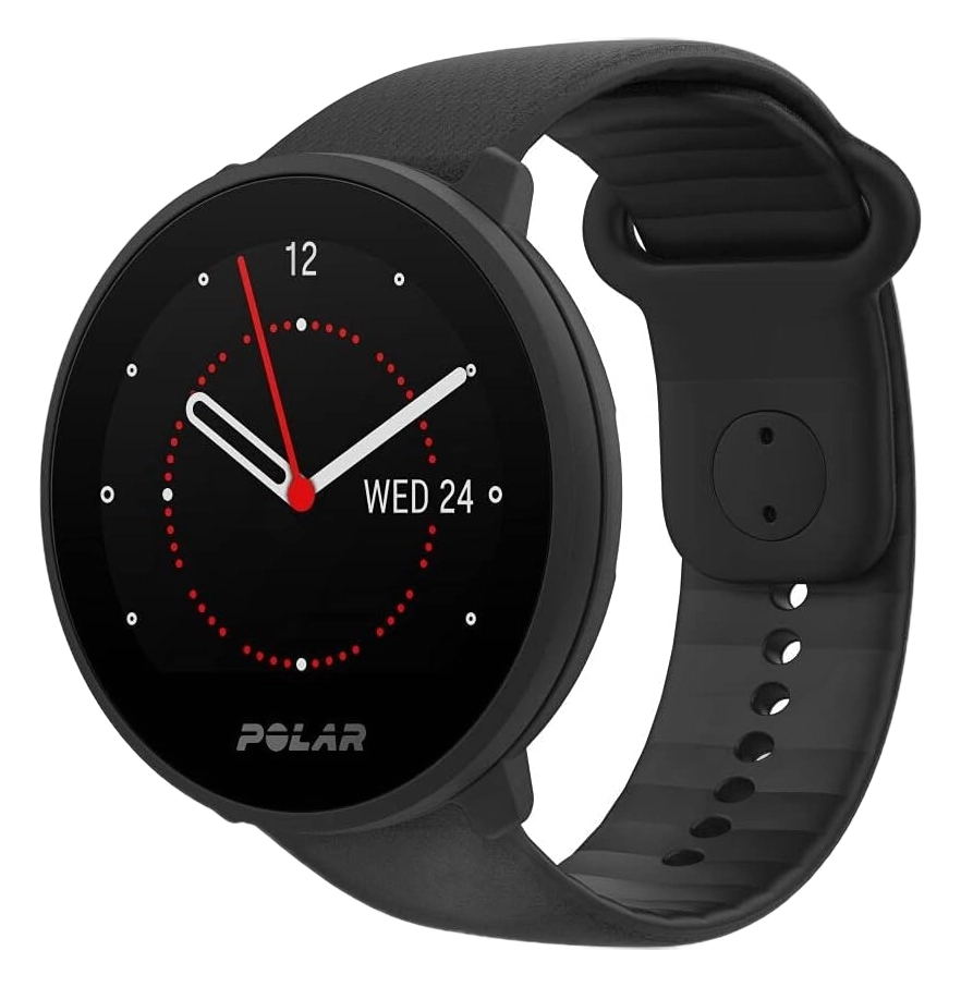 Polar Unite smartwatch with round black face, white hands, and black silicone band