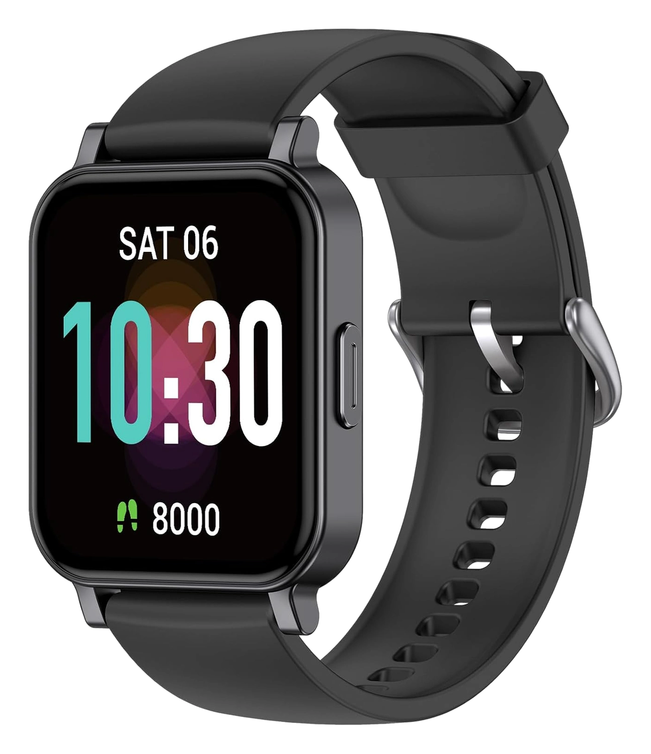 Black smartwatch with silicone band displaying time, date, and step count