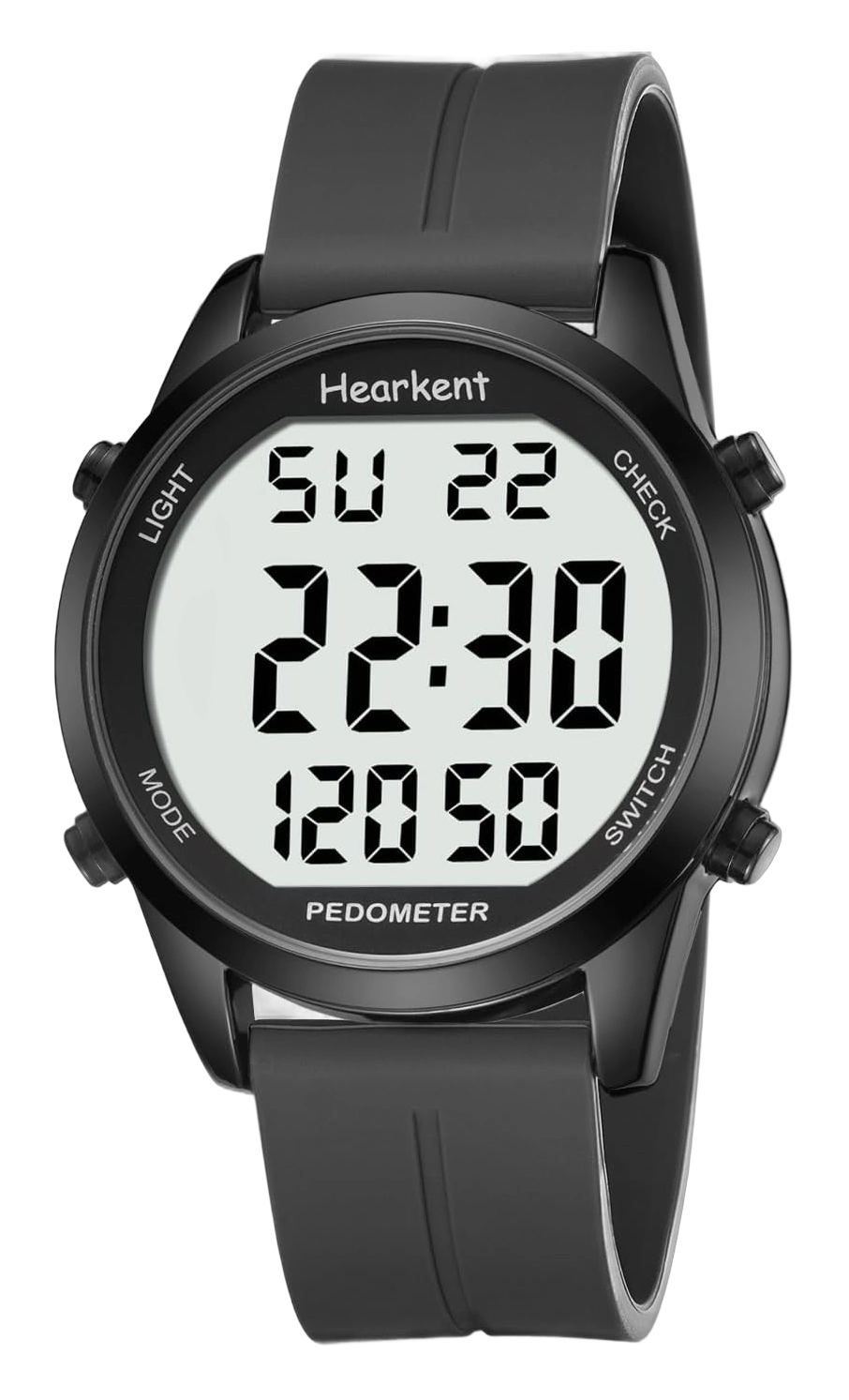 Black digital pedometer watch with large LCD screen showing time, date, and steps
