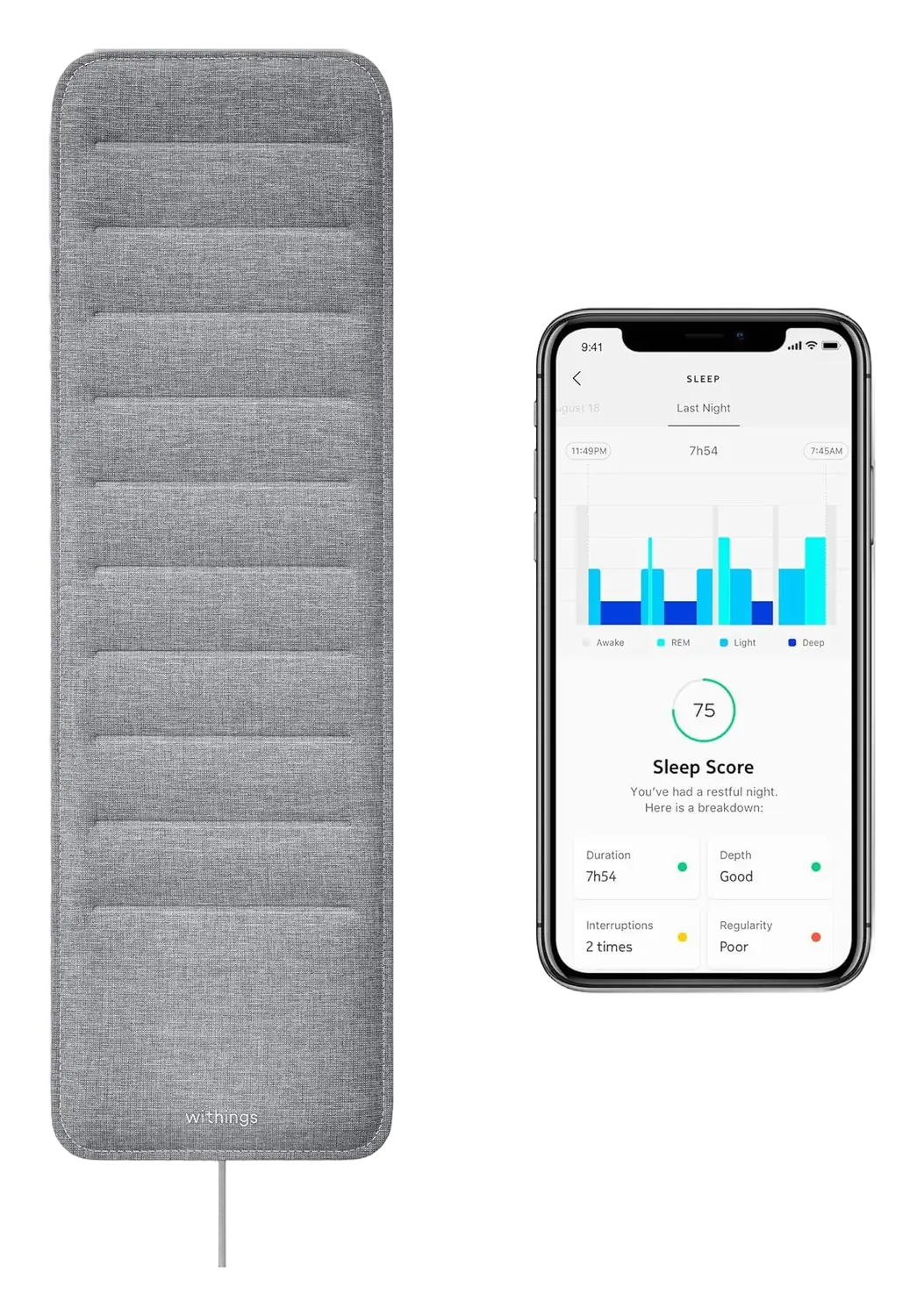 Withings Sleep tracking pad with quilted fabric design beside a smartphone showing a sleep score screen