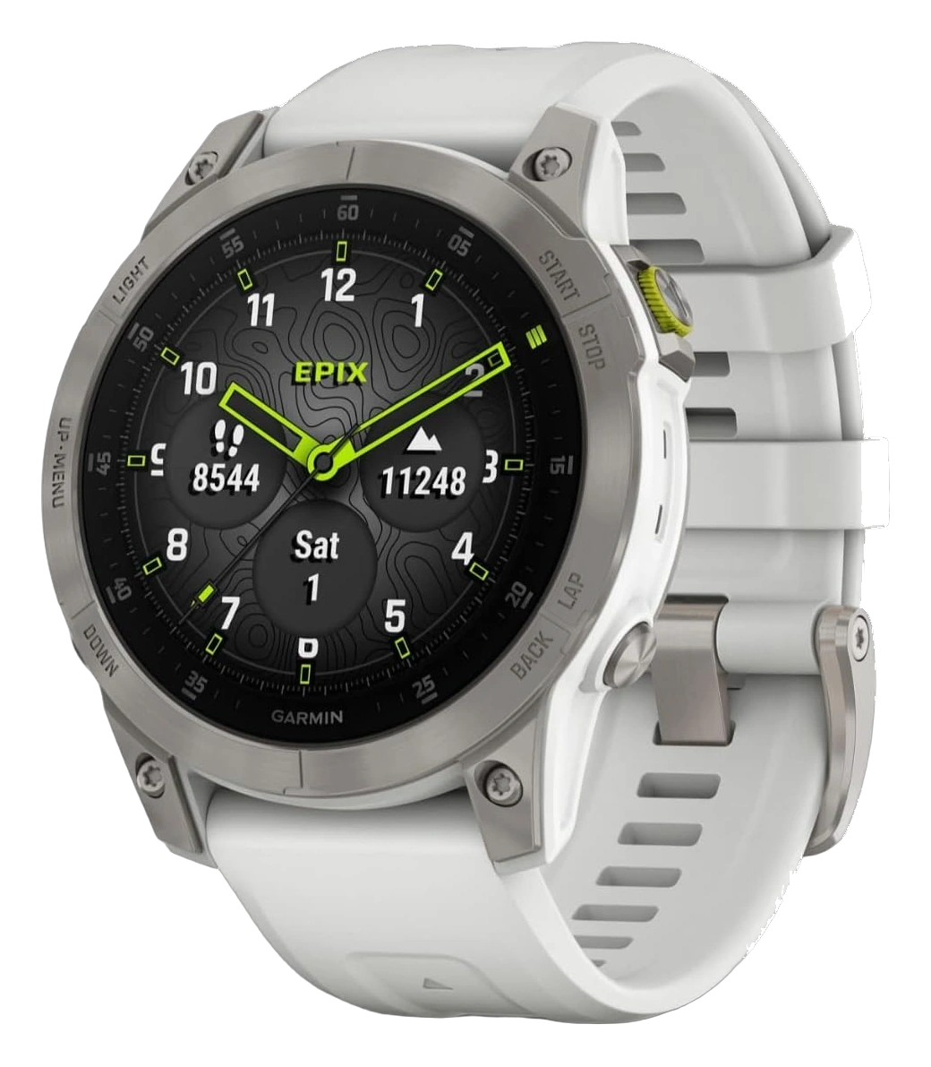 Garmin epix smartwatch with titanium bezel, white silicone band, and round digital display
