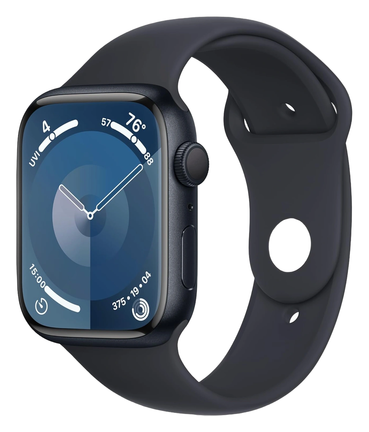 Apple Watch Series 9 with black aluminum case and black sport band, showing the watch face