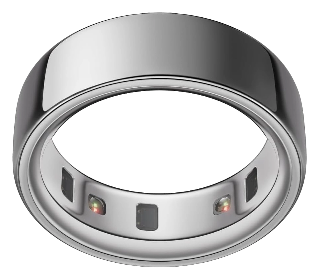 Silver titanium Oura Ring 4 with recessed sensor bumps on the inner band