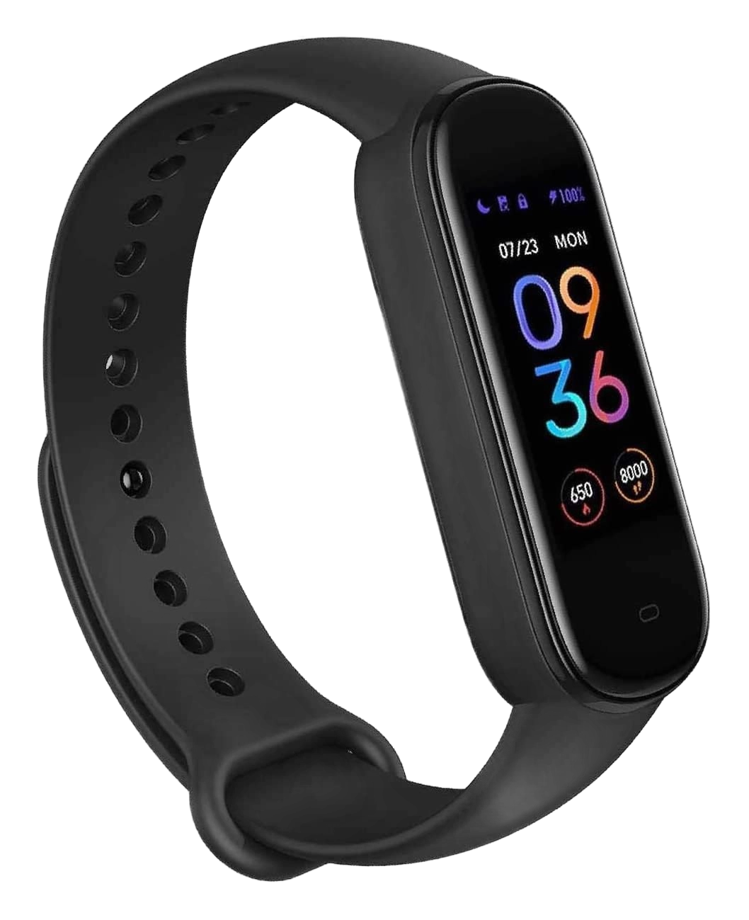 Black Amazfit Band 5 fitness tracker with color display showing time and step count