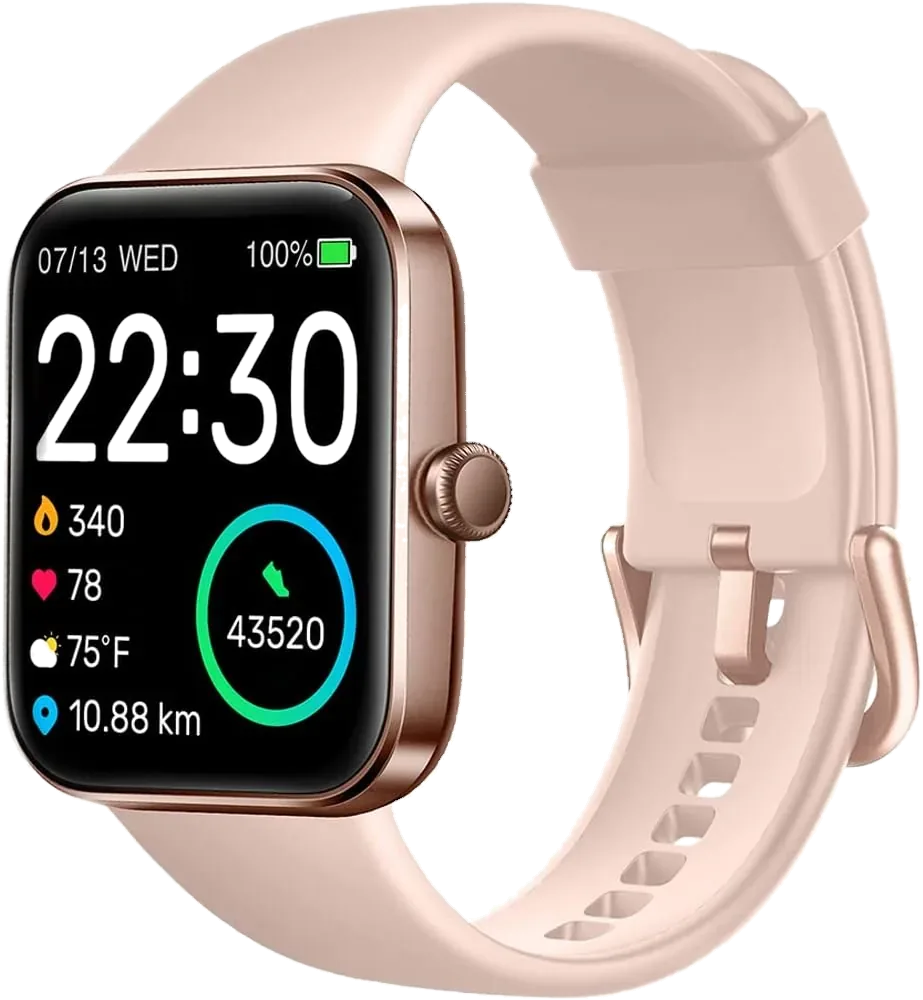 Pink smart watch with rose gold case displaying time, heart rate, and steps