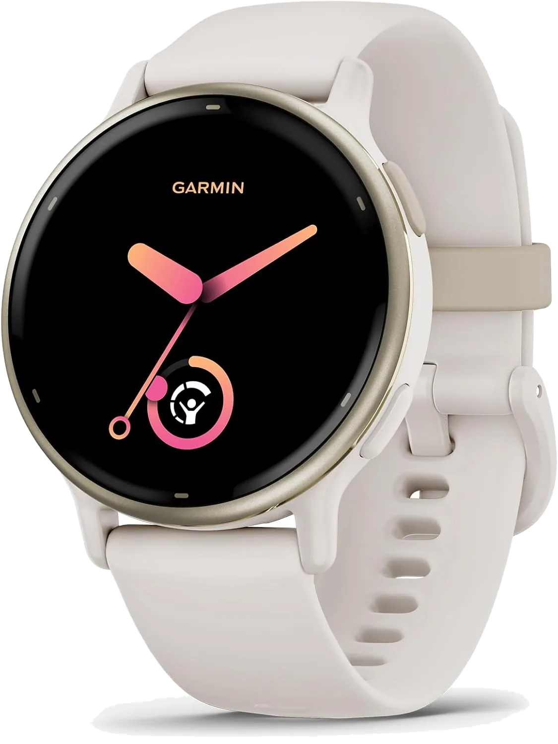 Garmin Vivoactive 5 smartwatch in light gold with cream silicone band and clock face display