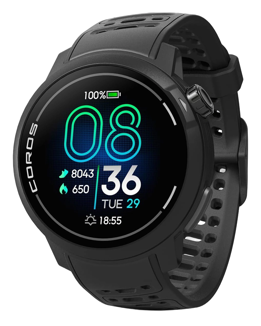 Black COROS PACE Pro smartwatch with silicone band showing steps, calories, and time on screen