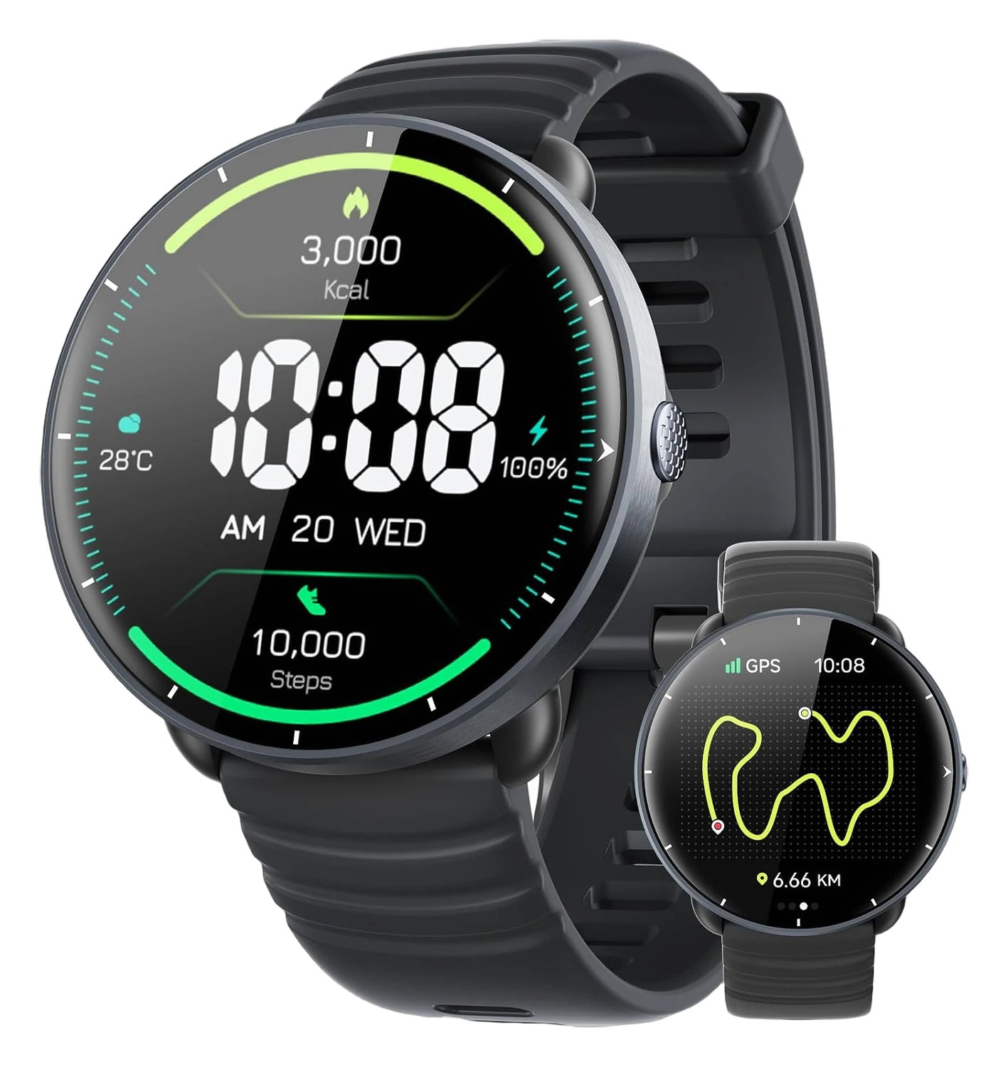 Black round smartwatch with silicone band showing time, steps, and calorie stats on screen