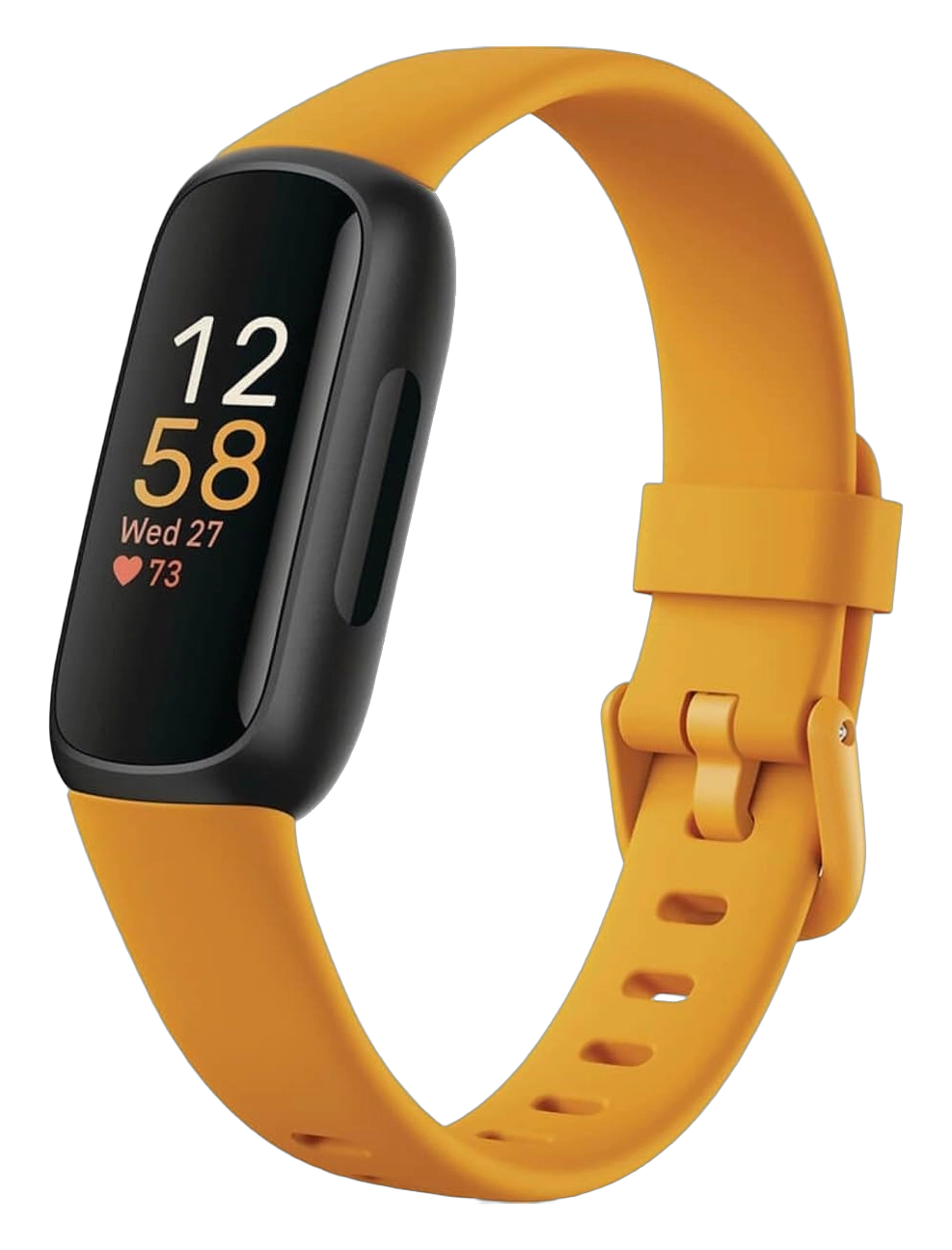 Fitbit Inspire 3 fitness tracker with an orange silicone band and digital display showing time and heart rate