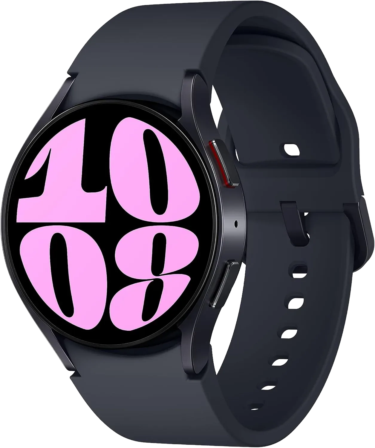 Black Samsung Galaxy Watch 6 with round face, pink digital time display, and silicone band
