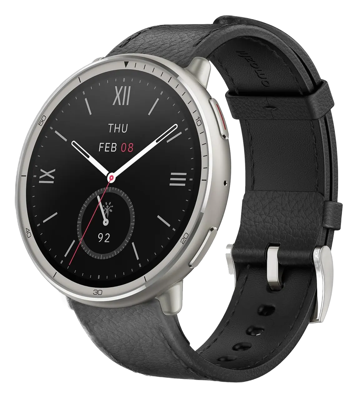 Amazfit Active 2 smartwatch with round silver case and black leather band