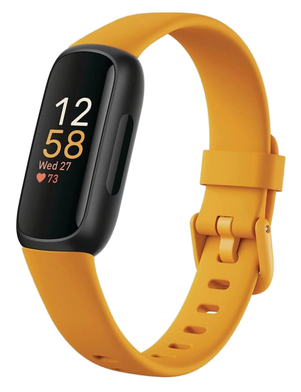 Fitbit Inspire 3 tracker with an orange silicone band and black display showing time and heart rate
