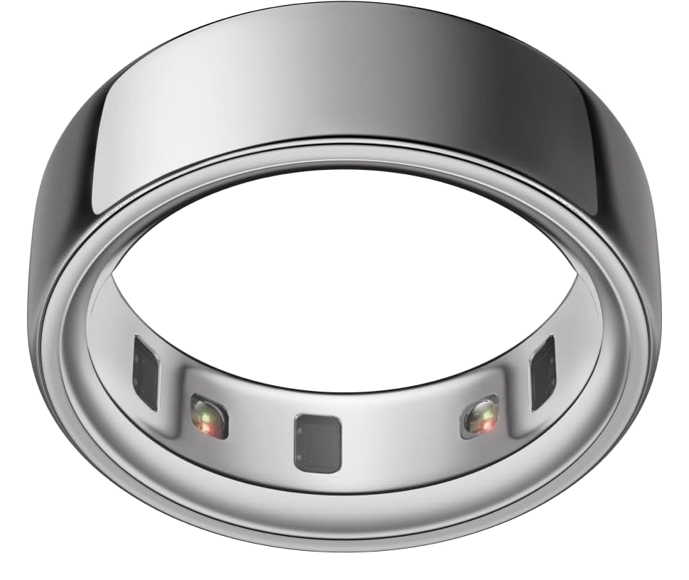 Silver titanium Oura Ring 4 smart ring with recessed sensors on the inner band