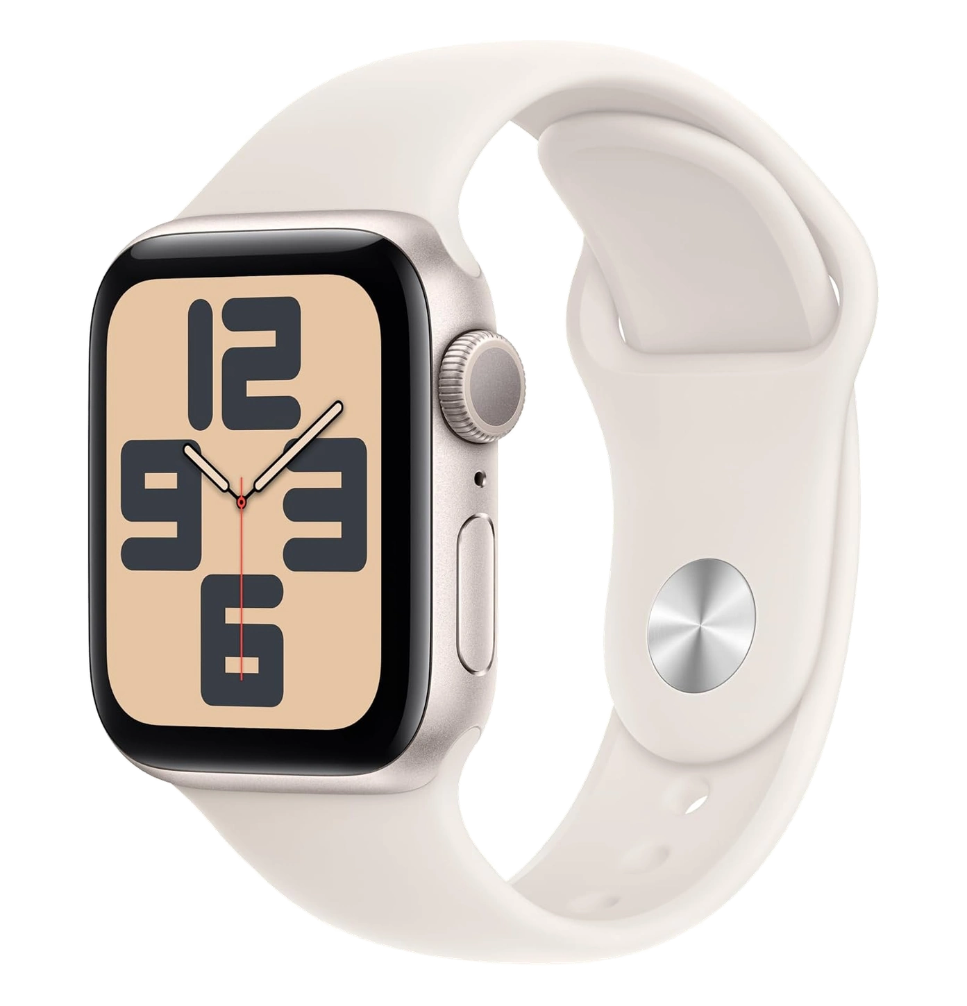 Apple Watch SE with a starlight aluminum case, white sport band, and analog watch face