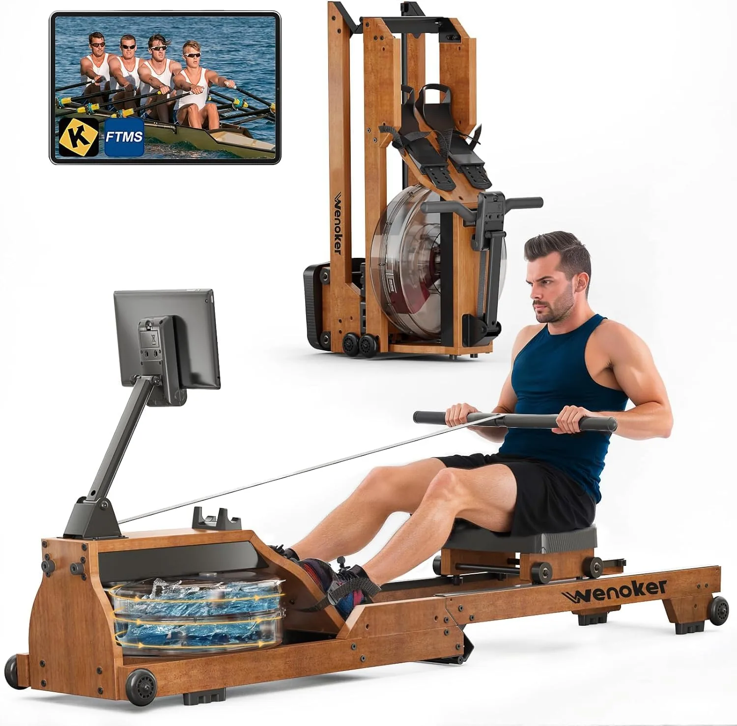 WENOKER wooden foldable water rowing machine with large water tank and Bluetooth monitor